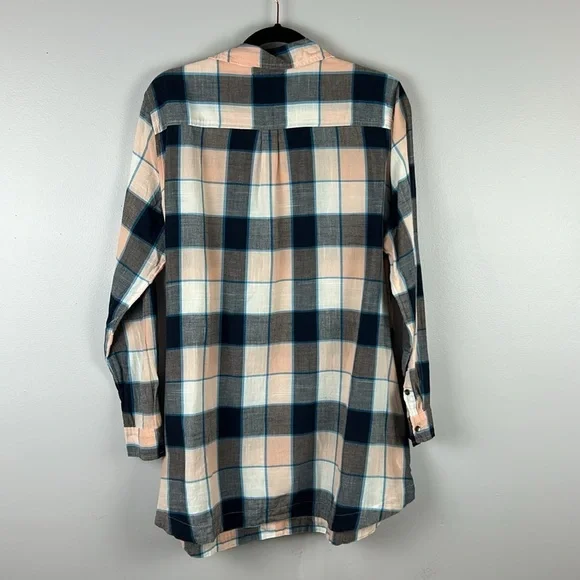 Lou & Grey Lagenlook Plaid Cotton Long Sleeve Pockets Tunic Top Large Blue Peach - Picture 14 of 14